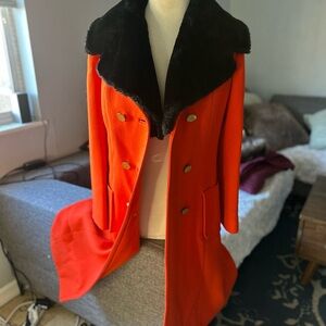 Women's Orange Double-Breasted Coat with Black FAUX Fur Collar